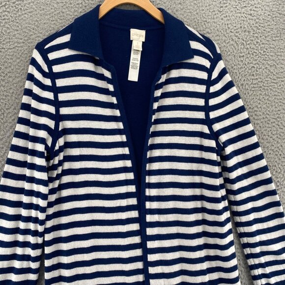 Chicos Sweater Womens 1 US Medium Blue Striped Cardigan Reversible Open Front - Picture 2 of 10